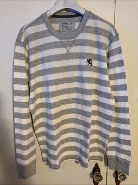 Express Gray & White Striped Crewneck Pullover